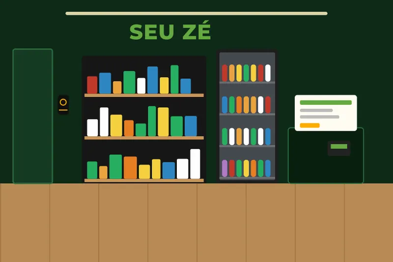 Imagem ilustrativa de uma loja compacta do Seu Zé dentro de um condomínio, com prateleiras, geladeira e PDV